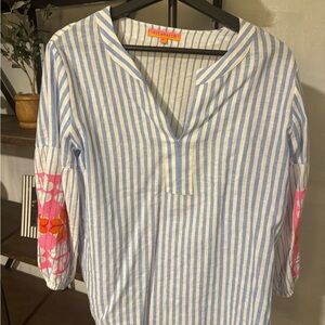 Vilagallo Striped Blouse with Floral Accents